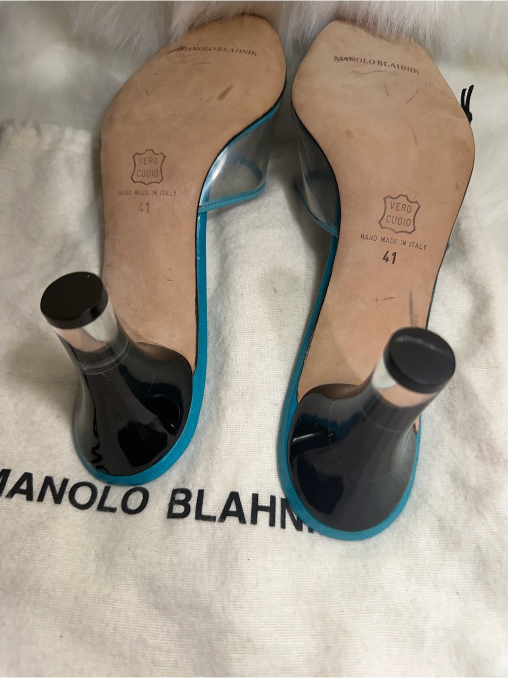 Manolo Blahnik Teal Slide Mules with Clear Strap - Picture 7 of 10